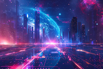 urban architecture, cityscape with space and neon light effect. Modern hi-tech, science, futuristic...