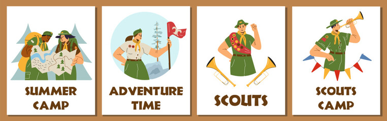 Set of flyers with scouts in summer camp. Poster with flat illustration and space for text.