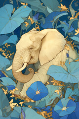 Elefante e flores azuis - Ilustração 