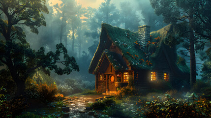 Enchanted Fairytale Forest and Cabin Under the Starlit Sky: A Mystical Haven for Stories Unraveling - obrazy, fototapety, plakaty