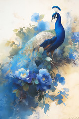 Pavão e flores azuis - Ilustração 