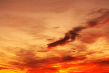 Background of a beautiful bright orange sunset with cirrus clouds - obrazy, fototapety, plakaty