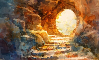 The empty tomb as seen through the eyes of Mary Magdalene a digital watercolor painting that focuses on personal revelation and divine mystery