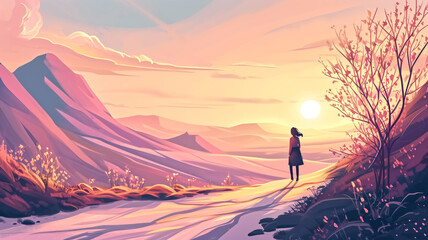 Fototapeta na wymiar Digital illustration of a solitary figure standing by a river at sunset with mountains in the background. Peaceful landscape with copy space for meditative and travel themes.