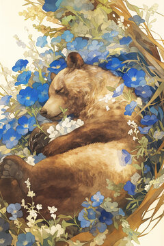 Urso pardo e flores azuis - Ilustração