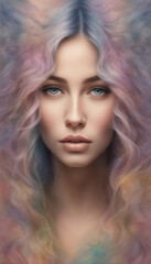 Portrait of a young woman with pastel hair and eyes, whose gaze captures the viewer's attention