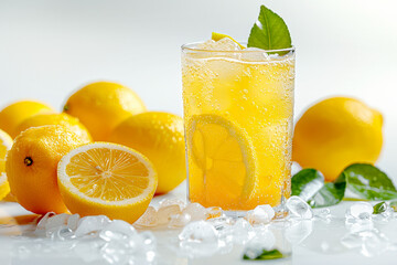 lemon juice with fresh lemons isolated on a white background, detailed photo, photography in the style of Florian - obrazy, fototapety, plakaty