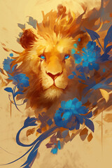 Leão e flores azuis - Ilustração 