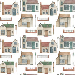 Watercolor  seamless pattern with cottages. Vintage hand drawn illustration