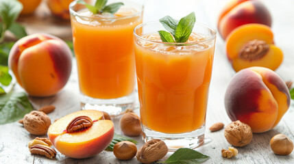 Peach juice with fresh peaches and nuts on a white background, a detailed photo