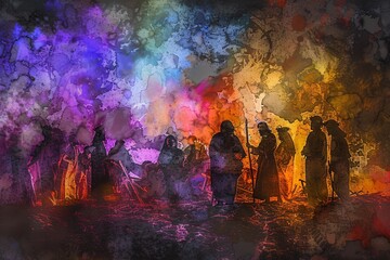 The resurrected Jesus stands among His followers an emotional reunion depicted in vivid digital art - obrazy, fototapety, plakaty