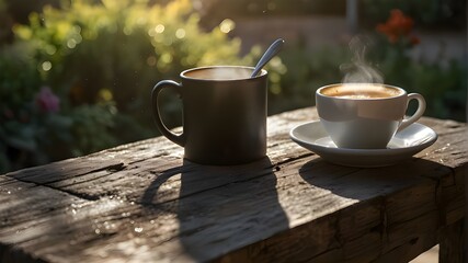 A steaming cup of coffee resting on a weathered wooden bench in a sunlit garden.