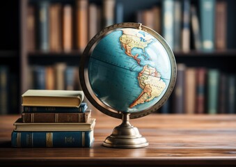 A globe placed on top of a wooden table