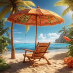 Free Photo Beautiful summer tropical beach 3d concept chair umbrella and summer element New background 