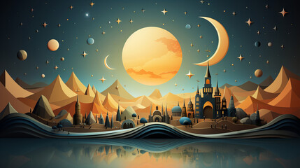 Naklejka premium Illustration of Islamic city on night sky background with a Moon and stars.