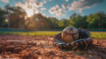 Baseball glove and ball on pitching mound, Generative AI