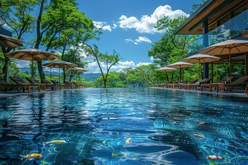 Blue sky and white clouds, wide-angle lens, sunny day, bright colors of the swimming pool in front view overlooking tropical forest landscape.