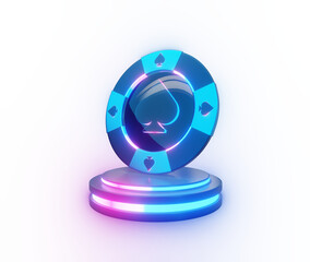 Casino poker chip 3d icon standing on neon podium