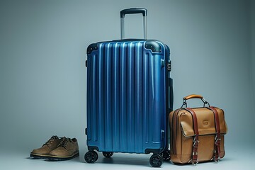Blue travel suitcase with wheels isolated on white background, detailed photo