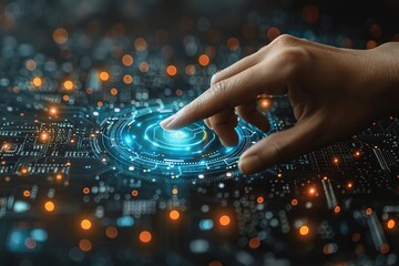 Businessman hand touching digital technology icon on transparent screen with circuit board