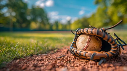 Baseball glove and ball on pitching mound, Generative AI