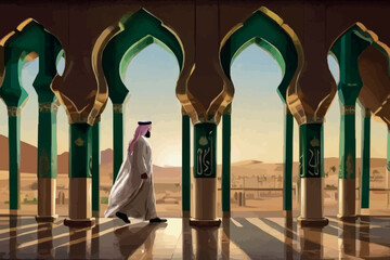 Ramadan posters and desktop wallpapers high quality, Ramadan Kareem, Ramadan Mubarak, view from window to mosques moon and plants illustration