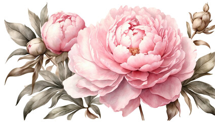 Pink beautiful peony watercolor illustration. Luxurious spring flowers