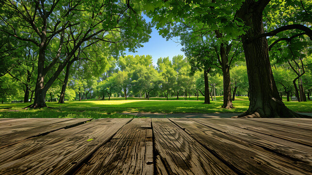 Open Empty Wooden Table with Green Park Background