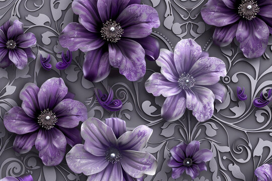 wallpaper 3d flower purple and gray damask