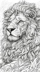 Animals: A coloring book page featuring a majestic lion