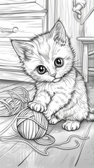 Animals: A coloring book page of a cute and curious kitten playing with a ball of yarn