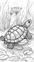 Animals: A coloring book page of a friendly turtle swimming in a crystal-clear pond