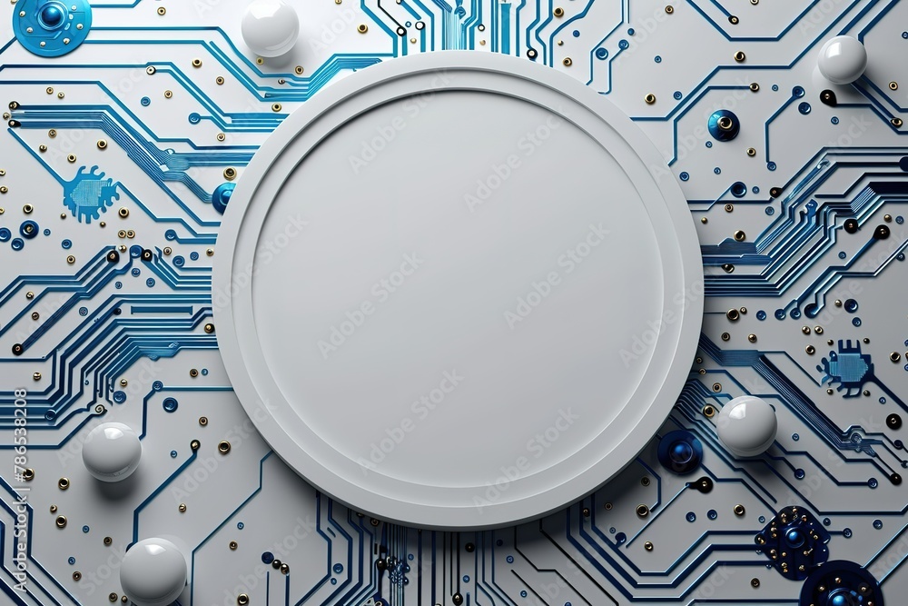 Poster vector-style banner with a white circle and blue circuit board lines on the left side