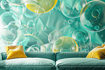 Transparent bubbles float whimsically in modern living space with teal sofa and mustard yellow cushions, infusing room with playful and airy ambiance