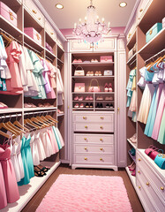 Una encantadora imagen de un closet en tonos pastel con prendas muy femeninas
