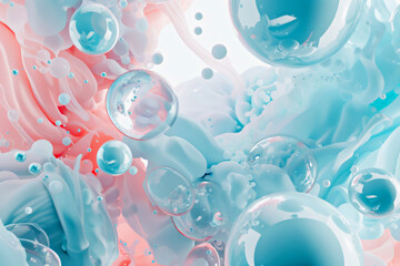 Abstract play of aqua and coral bubbles with creamy swirls in dreamy dance. Beauty and health products, cosmetics. Spa, relaxation and meditation