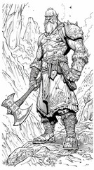 Fototapeta na wymiar Fantasy: A coloring book page featuring a fierce orc warrior wielding a massive axe