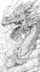 Fantasy: A coloring book page featuring a majestic dragon