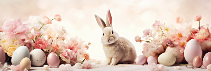 Easter. Cute fluffy Easter bunny, surrounded by lush flowers of soft shades and Easter eggs, embodies gentle joy and renewal of spring celebration of Easter. Banner