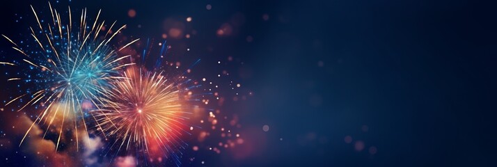 Fototapeta na wymiar firework over abstract blue background and text space