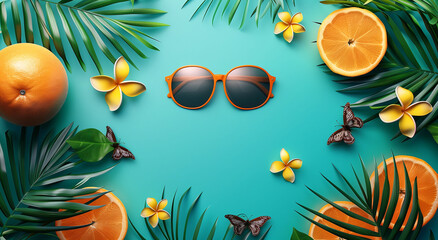 Fototapeta na wymiar Tropical Summer Flat Lay with Sunglasses and Frangipani