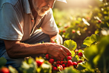 Golden hour illuminates farmer's tender care in harvesting ripe strawberries, reflecting connection between man and nature. Locally grown.