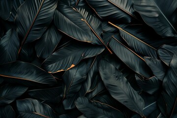 Abstract black leaves textures arranged in a flat lay composition, creating a dark and mysterious tropical leaf background concept