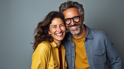 An older, middle-aged couple is happy, having fun and laughing indoor