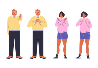 Obraz premium People showing negative and positive emotions with hand gestures, vector nonverbal communication hand language emotion