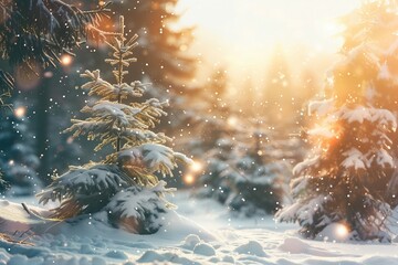 A picturesque scene of the winter solstice in a snowy forest or park, with sparkling snow covering the ground and the low sun casting a warm glow through the trees, creating a serene and magical atmos
