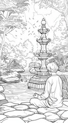 Hobbies & Relaxation Coloring Book: A coloring page showing a person practicing mindfulness and meditation in a peaceful garden setting