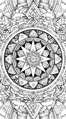 Mandala: A coloring book page showcasing a mandala with geometric patterns and shapes
