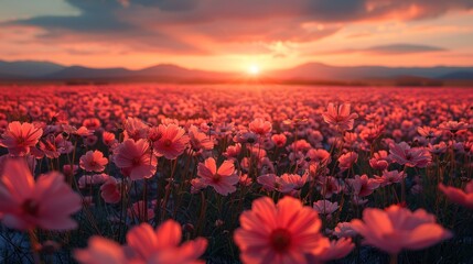 summer sunrise blooming pink meadow flowers Beautiful cosmos flower field view at sunset time. - obrazy, fototapety, plakaty