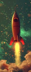 A rocket launches into space with fiery engines - obrazy, fototapety, plakaty
